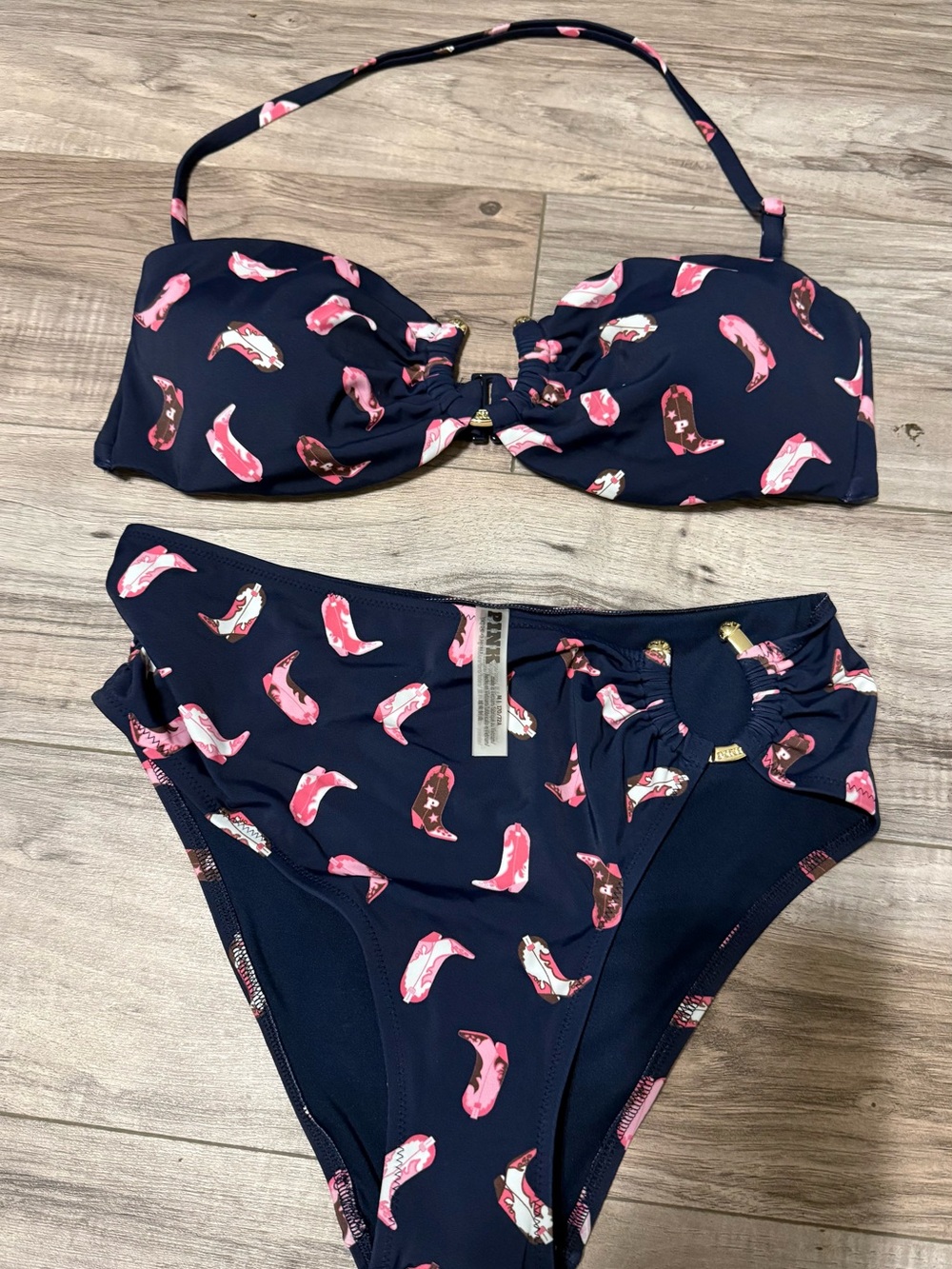 PINK Victoria's Secret Navy Bandeau Bikini with Pink Novelty Print